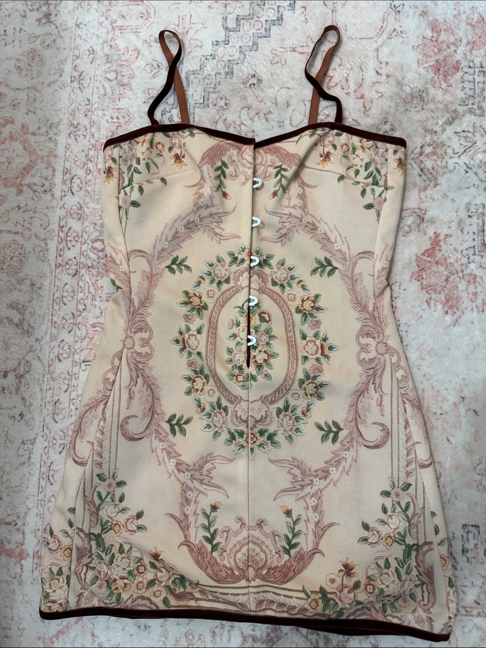 With Jean Floral Baroque Corset Dress with Brown Trim